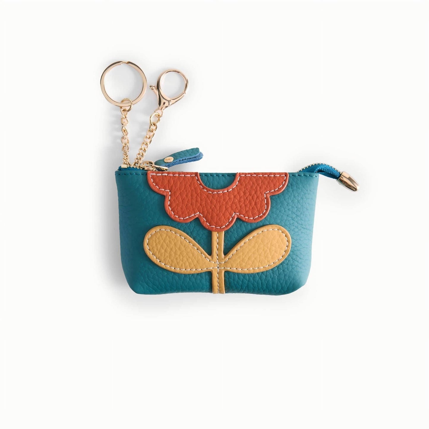 Leather Zip Pouch with Keyring – Small Flower Coin Purse