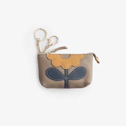 Leather Zip Pouch with Keyring – Small Flower Coin Purse