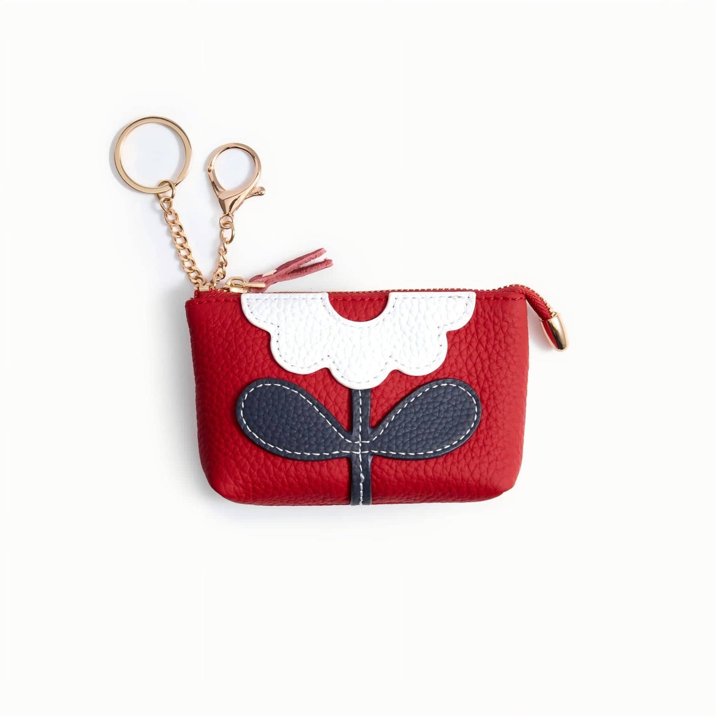 Leather Zip Pouch with Keyring – Small Flower Coin Purse