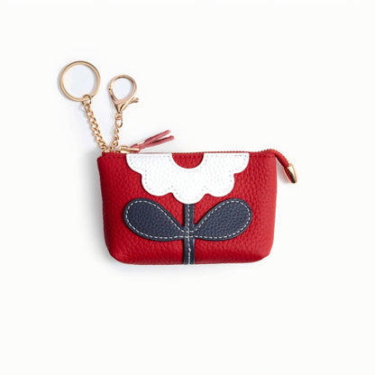 Leather Zip Pouch with Keyring – Small Flower Coin Purse