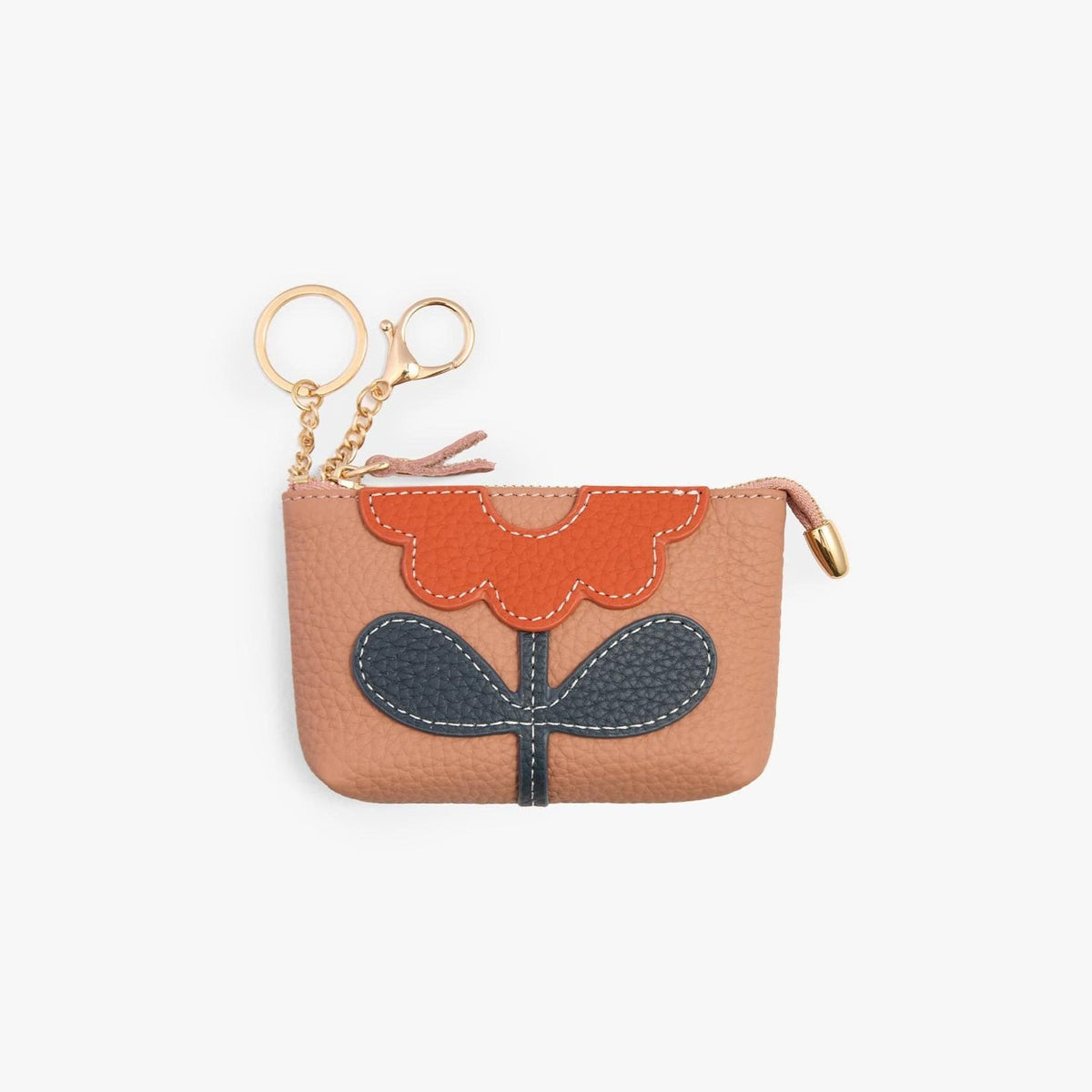 Leather Zip Pouch with Keyring, Small Flower Coin Purse