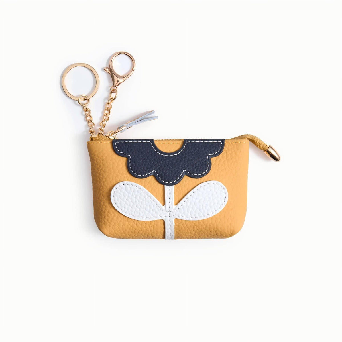 Leather Zip Pouch with Keyring, Small Flower Coin Purse