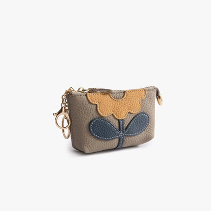 Leather Zip Pouch with Keyring – Small Flower Coin Purse