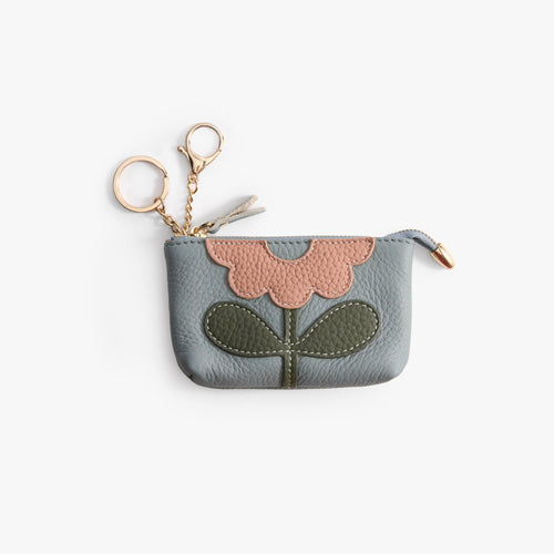 Leather Zip Pouch with Keyring – Small Flower Coin Purse