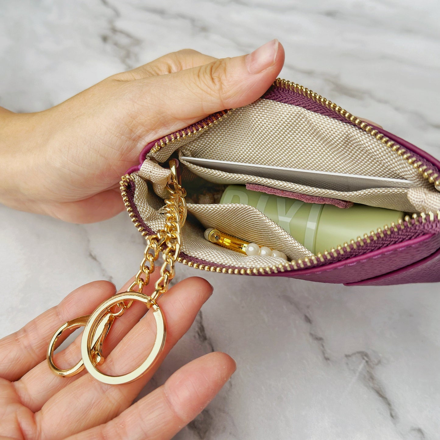 Leather Coin Pouch with Keyring – Small Zip Pouch for Women