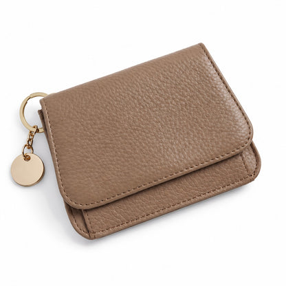 Camel leather keychain wallet with gold key ring and round charm