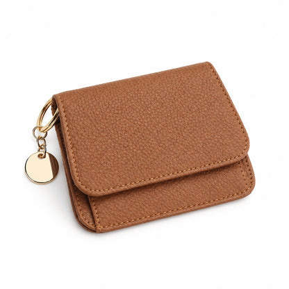 Cognac Brown leather keychain wallet with gold key ring and round charm