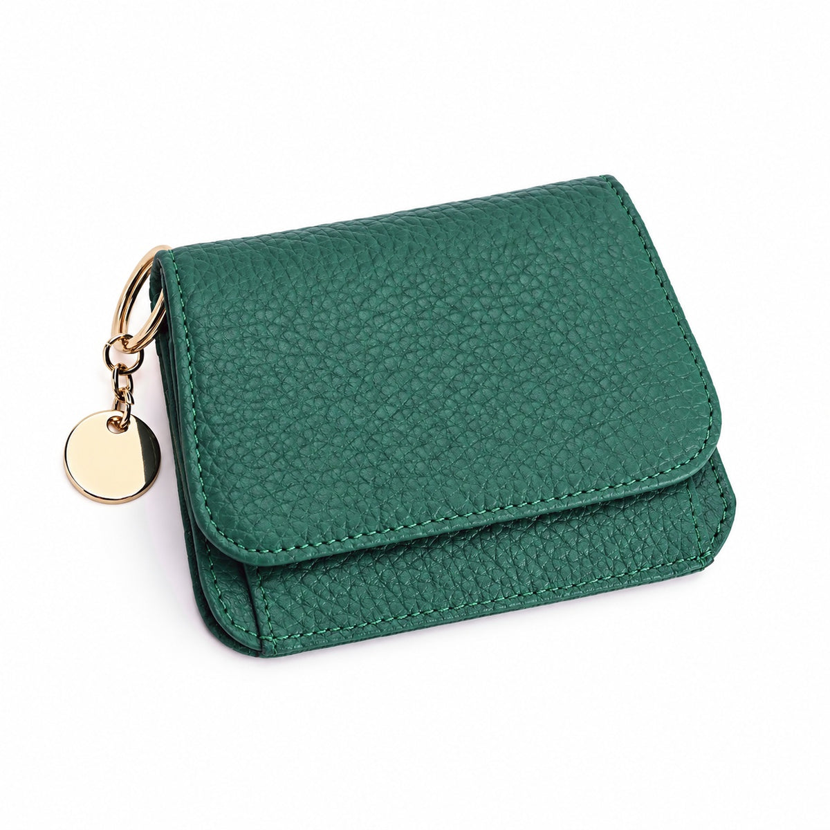 Forest Green leather keychain wallet with gold key ring and round charm