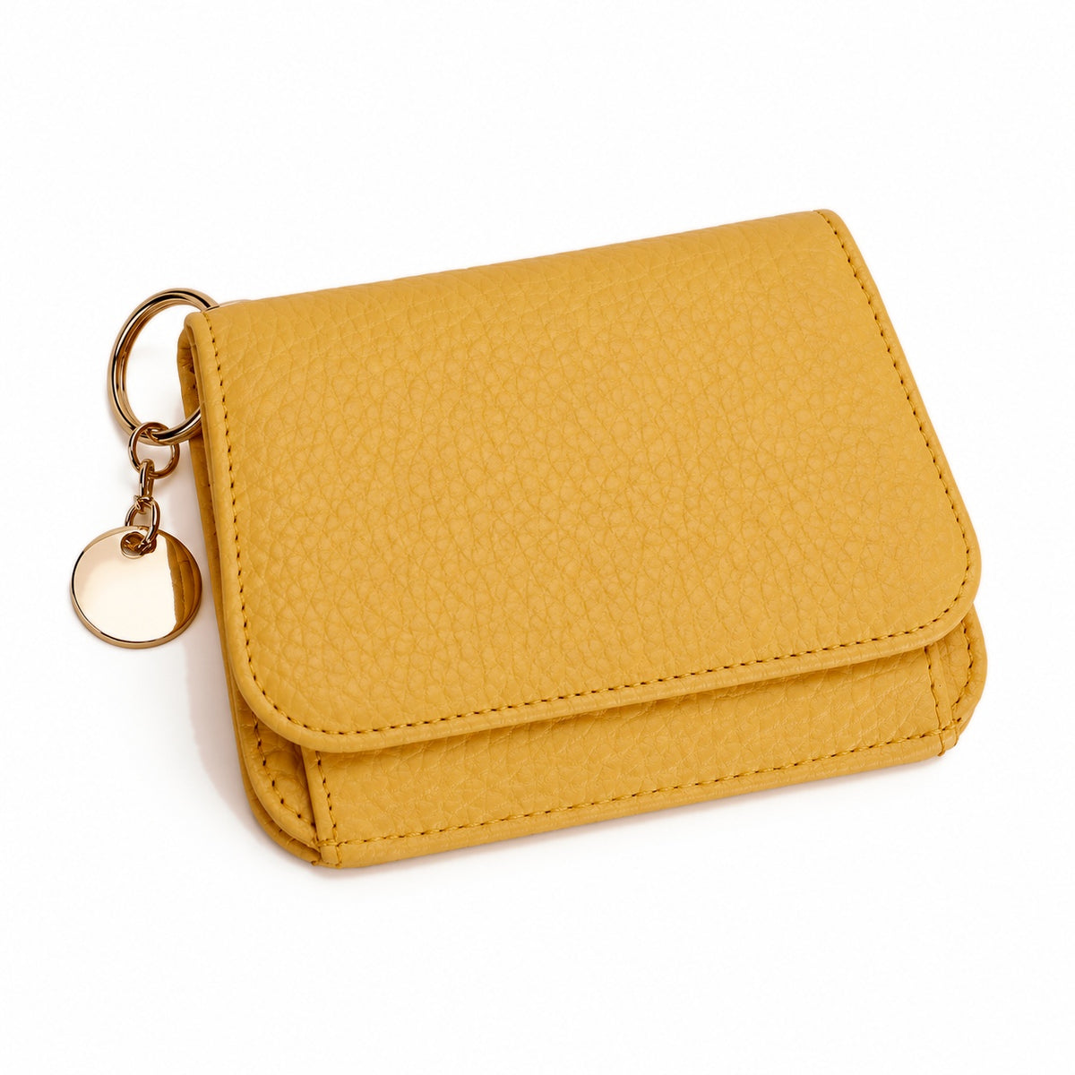 Mustard Yellow leather keychain wallet with gold key ring and round charm