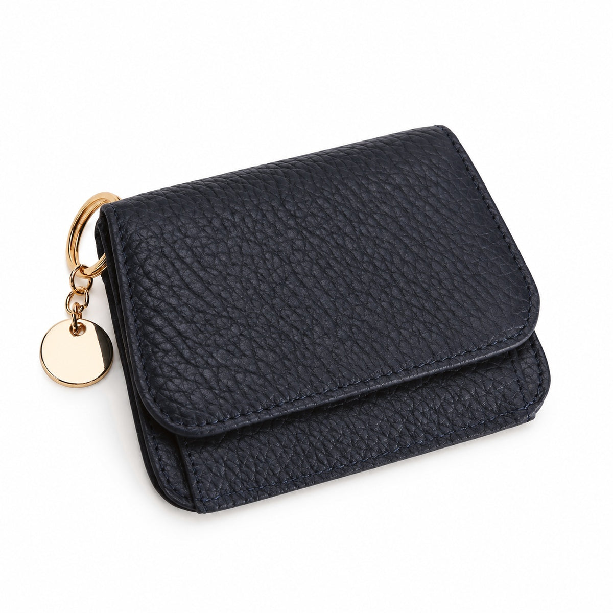 Navy leather keychain wallet with gold key ring and round charm