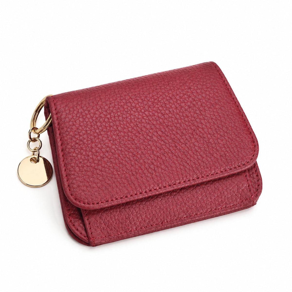 Wine Red leather keychain wallet with gold key ring and round charm