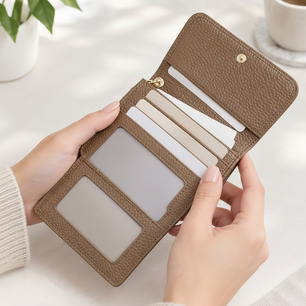 Keychain wallet held open with cards in the slots