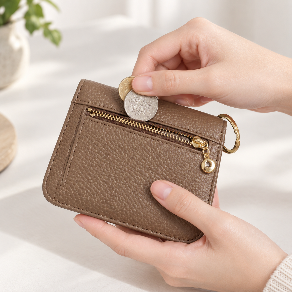 Dropping a coin into the zip pocket of the keychain wallet