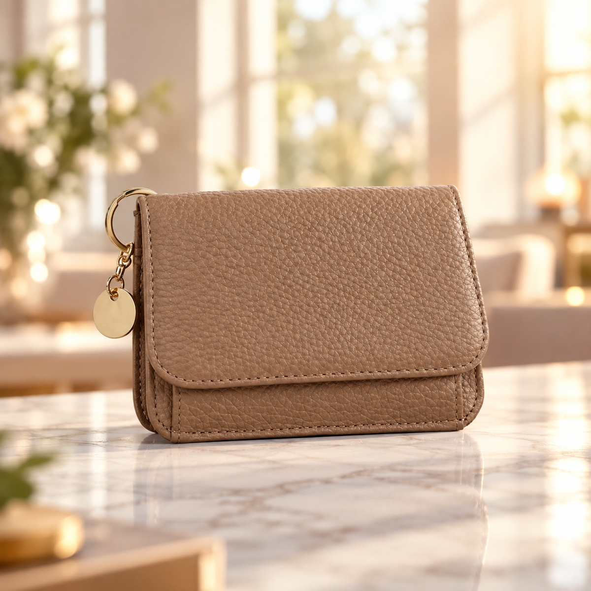 Camel leather keychain wallet on a marble counter
