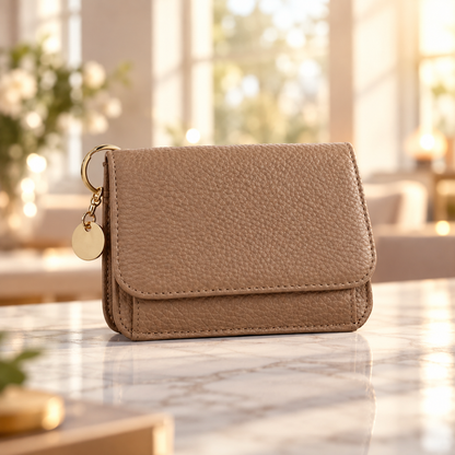 Camel leather keychain wallet on a marble counter